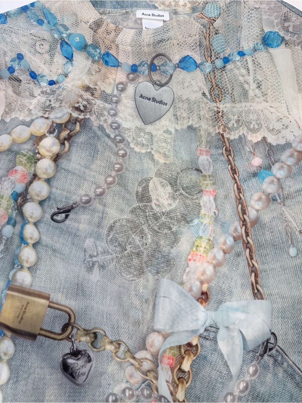 Acne Studios light blue lace-trimmed mesh top with pearl charm - Picture 4 of 7